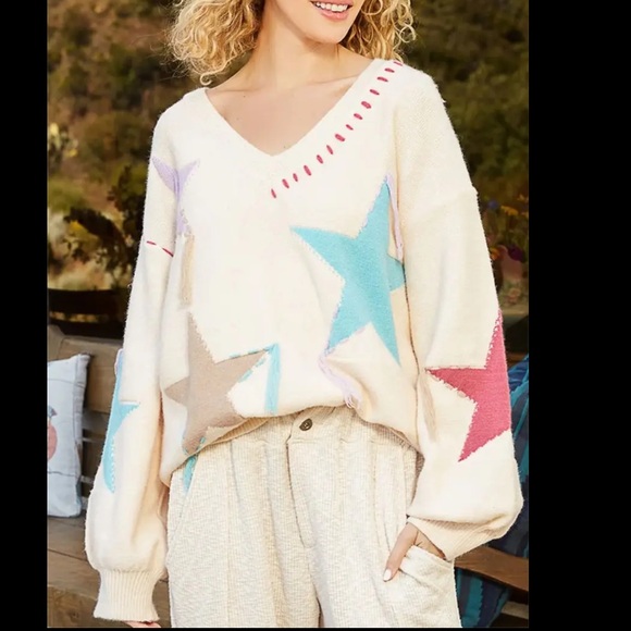 None Sweaters - 3735 Size Large Star Sweater, White with Color Stars with Tassels.